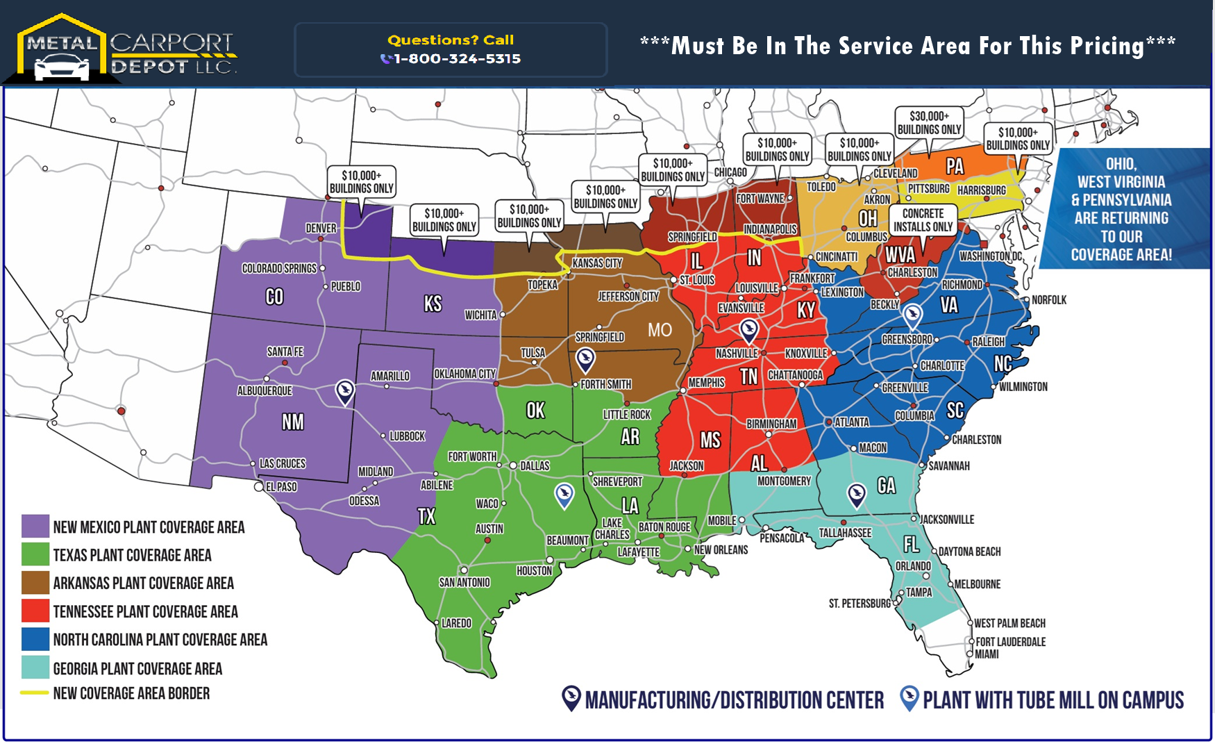 Regular style metal carports service area map for delivery and installation